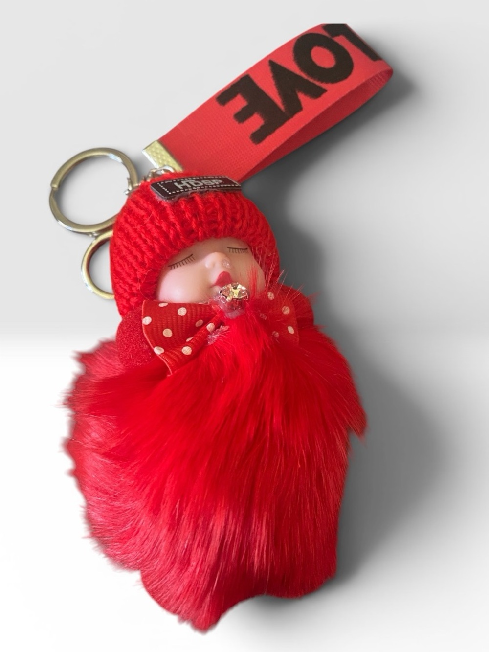Red LOVE Pom-Pom Doll Keychain with Ribbon Strap NWOT